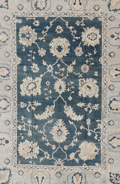 Large Turkish Oushak Rug with Dark Teal Blue Background & Ice Blue Border. Turkish large Oushak rug with large flower design in Teal Blue , ice blue/ gray and accent colors of coral and butter. Turkish Oushak all - over floral design, rug TU... - Keivan Woven ArtsTU - MSD - 43 - 6833Rug