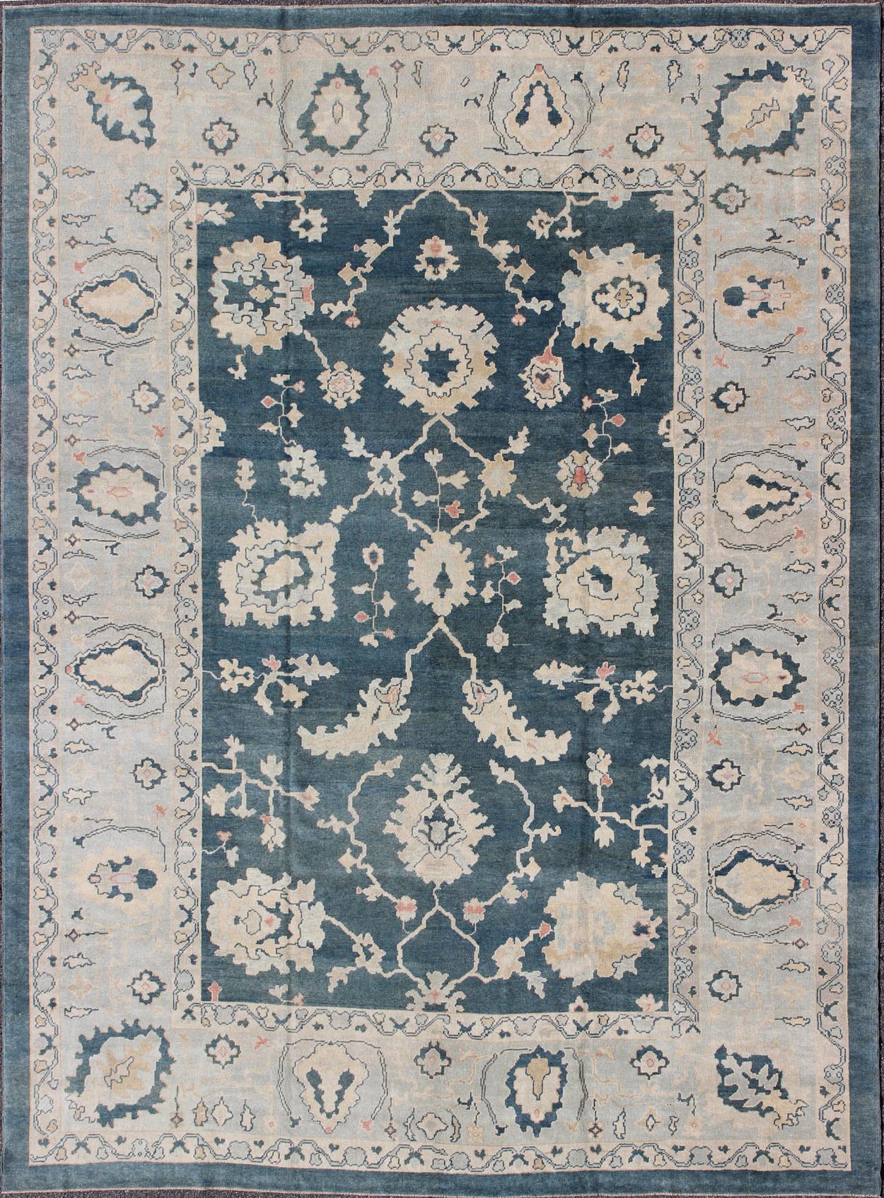 Large Turkish Oushak Rug with Dark Teal Blue Background & Ice Blue Border. Turkish large Oushak rug with large flower design in Teal Blue , ice blue/ gray and accent colors of coral and butter. Turkish Oushak all - over floral design, rug TU... - Keivan Woven ArtsTU - MSD - 43 - 6833Rug