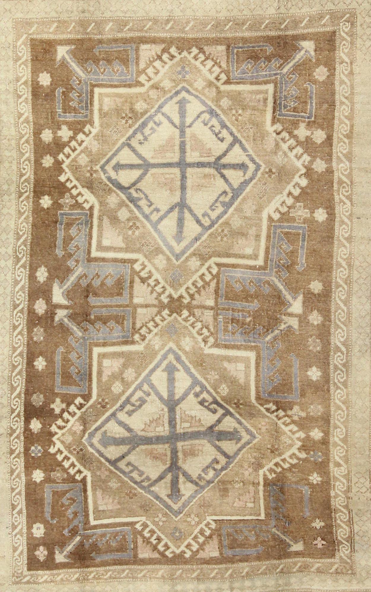 Vintage Turkish Oushak in Light Brown, Camel, Blue/Lavender and Cream. Square shaped Turkish vintage Oushak in Light Brown, Camel, Blue/Lavender. Rug/TU - MTE - 449. This unique Turkish Oushak displays two large and stunning central star me... - Keivan Woven ArtsTU - MTE - 449 - 2860Rug