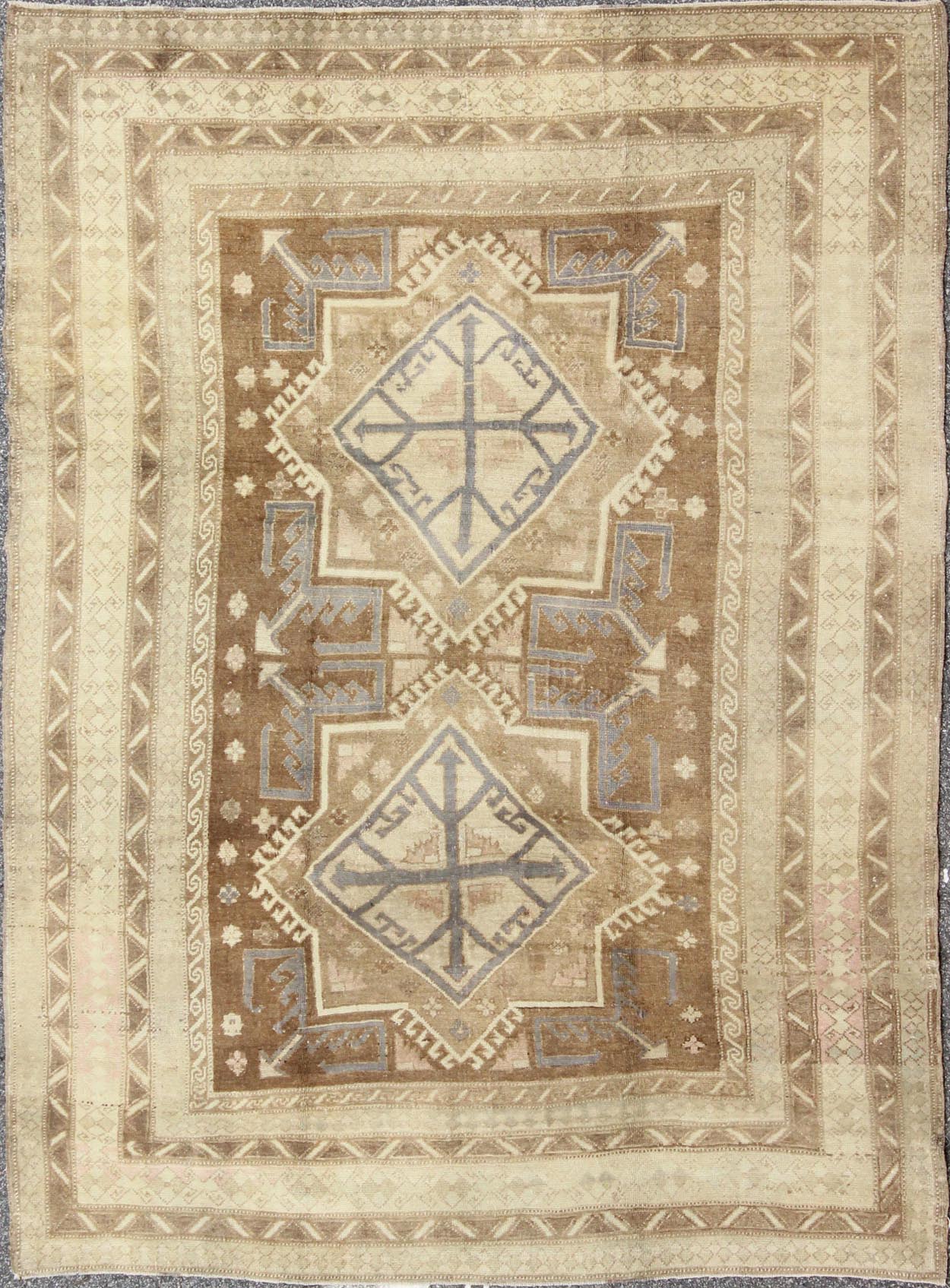 Vintage Turkish Oushak in Light Brown, Camel, Blue/Lavender and Cream. Square shaped Turkish vintage Oushak in Light Brown, Camel, Blue/Lavender. Rug/TU - MTE - 449. This unique Turkish Oushak displays two large and stunning central star me... - Keivan Woven ArtsTU - MTE - 449 - 2860Rug