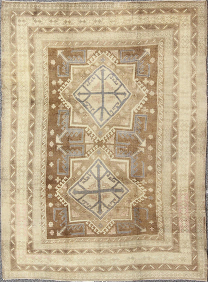 Vintage Turkish Oushak in Light Brown, Camel, Blue/Lavender and Cream. Square shaped Turkish vintage Oushak in Light Brown, Camel, Blue/Lavender. Rug/TU - MTE - 449. This unique Turkish Oushak displays two large and stunning central star me... - Keivan Woven ArtsTU - MTE - 449 - 2860Rug
