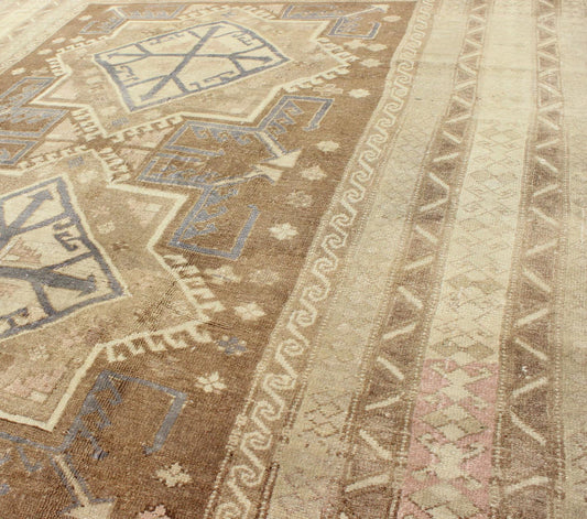 Vintage Turkish Oushak in Light Brown, Camel, Blue/Lavender and Cream. Square shaped Turkish vintage Oushak in Light Brown, Camel, Blue/Lavender. Rug/TU - MTE - 449. This unique Turkish Oushak displays two large and stunning central star me... - Keivan Woven ArtsTU - MTE - 449 - 2860Rug