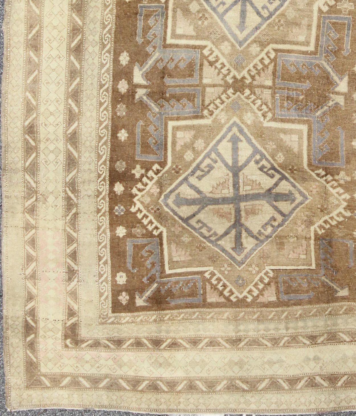 Vintage Turkish Oushak in Light Brown, Camel, Blue/Lavender and Cream. Square shaped Turkish vintage Oushak in Light Brown, Camel, Blue/Lavender. Rug/TU - MTE - 449. This unique Turkish Oushak displays two large and stunning central star me... - Keivan Woven ArtsTU - MTE - 449 - 2860Rug