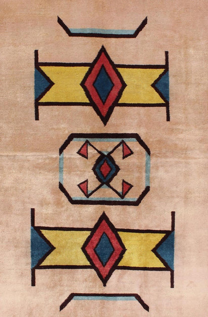 Keivan Woven Arts, Geometric Mid Century Modern Rug in Champaign Background, Gold, Teal, Black. Geometric Mid - Century Modern rug with Art - Deco design. Keivan Woven Arts / TU - MTU - 02, Vintage Mid - Century Rug with Deco Design Set on light co... - Keivan Woven ArtsTU - MTU - 02 - 5305Rug