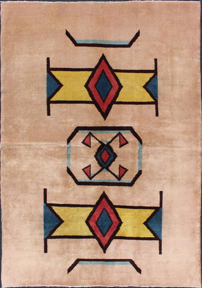 Keivan Woven Arts, Geometric Mid Century Modern Rug in Champaign Background, Gold, Teal, Black. Geometric Mid - Century Modern rug with Art - Deco design. Keivan Woven Arts / TU - MTU - 02, Vintage Mid - Century Rug with Deco Design Set on light co... - Keivan Woven ArtsTU - MTU - 02 - 5305Rug
