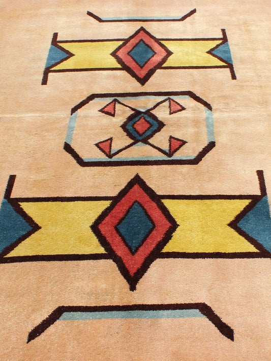 Keivan Woven Arts, Geometric Mid Century Modern Rug in Champaign Background, Gold, Teal, Black. Geometric Mid - Century Modern rug with Art - Deco design. Keivan Woven Arts / TU - MTU - 02, Vintage Mid - Century Rug with Deco Design Set on light co... - Keivan Woven ArtsTU - MTU - 02 - 5305Rug