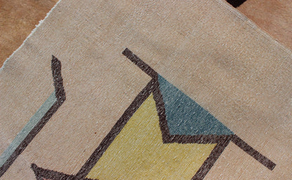 Keivan Woven Arts, Geometric Mid Century Modern Rug in Champaign Background, Gold, Teal, Black. Geometric Mid - Century Modern rug with Art - Deco design. Keivan Woven Arts / TU - MTU - 02, Vintage Mid - Century Rug with Deco Design Set on light co... - Keivan Woven ArtsTU - MTU - 02 - 5305Rug