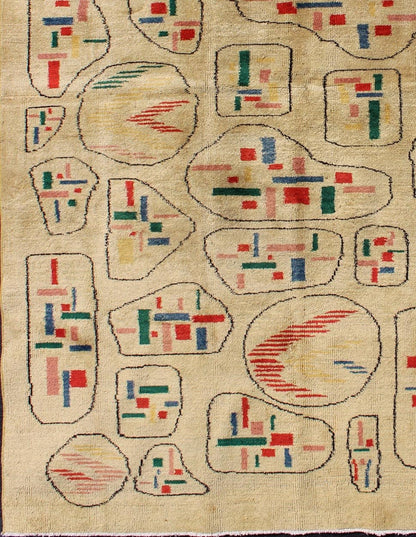 Mid - Century Turkish Modern Rug - This Mid - Century Modern rug is set on a brilliant yellow background. The colorful and random geometric motifs are unique and create an abstract design. 5`6 x 8` - Keivan Woven ArtsTU - MTU - 03 - 5311Rug