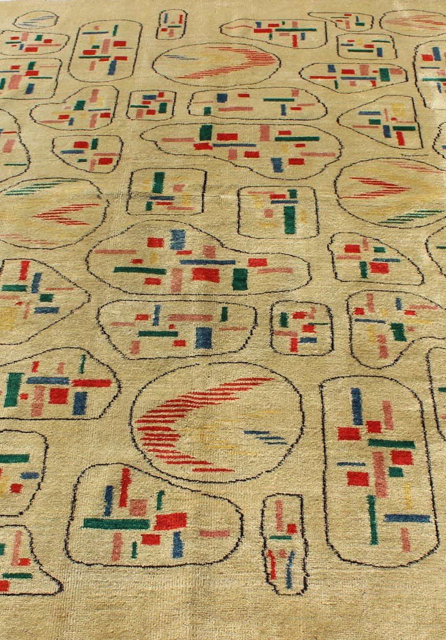 Mid - Century Turkish Modern Rug - This Mid - Century Modern rug is set on a brilliant yellow background. The colorful and random geometric motifs are unique and create an abstract design. 5`6 x 8` - Keivan Woven ArtsTU - MTU - 03 - 5311Rug
