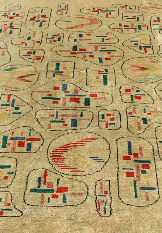 Mid - Century Turkish Modern Rug - This Mid - Century Modern rug is set on a brilliant yellow background. The colorful and random geometric motifs are unique and create an abstract design. 5`6 x 8` - Keivan Woven ArtsTU - MTU - 03 - 5311Rug
