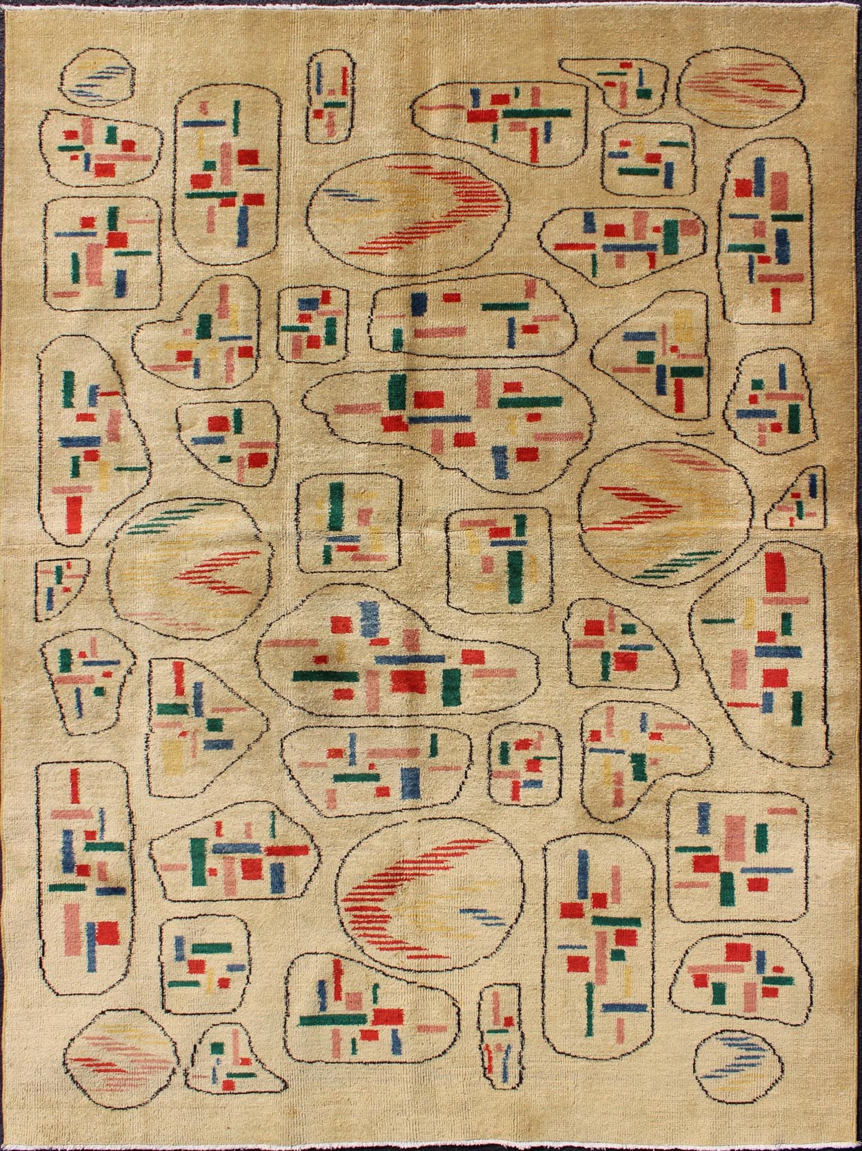 Mid - Century Turkish Modern Rug - This Mid - Century Modern rug is set on a brilliant yellow background. The colorful and random geometric motifs are unique and create an abstract design. 5`6 x 8` - Keivan Woven ArtsTU - MTU - 03 - 5311Rug