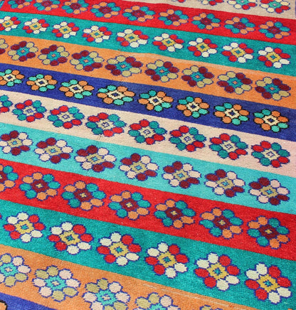 Mid - Century Modern Turkish Carpet with Multicolored Stripes and Flower Designs Mid - Century Modern Multicolored Stripes Turkey rug/tu - mtu - 06 origin/turkey kwarugs This Mid - Century Modern carpet from Turkey features a variety of horizont... - Keivan Woven ArtsTU - MTU - 06 - 5323Rug