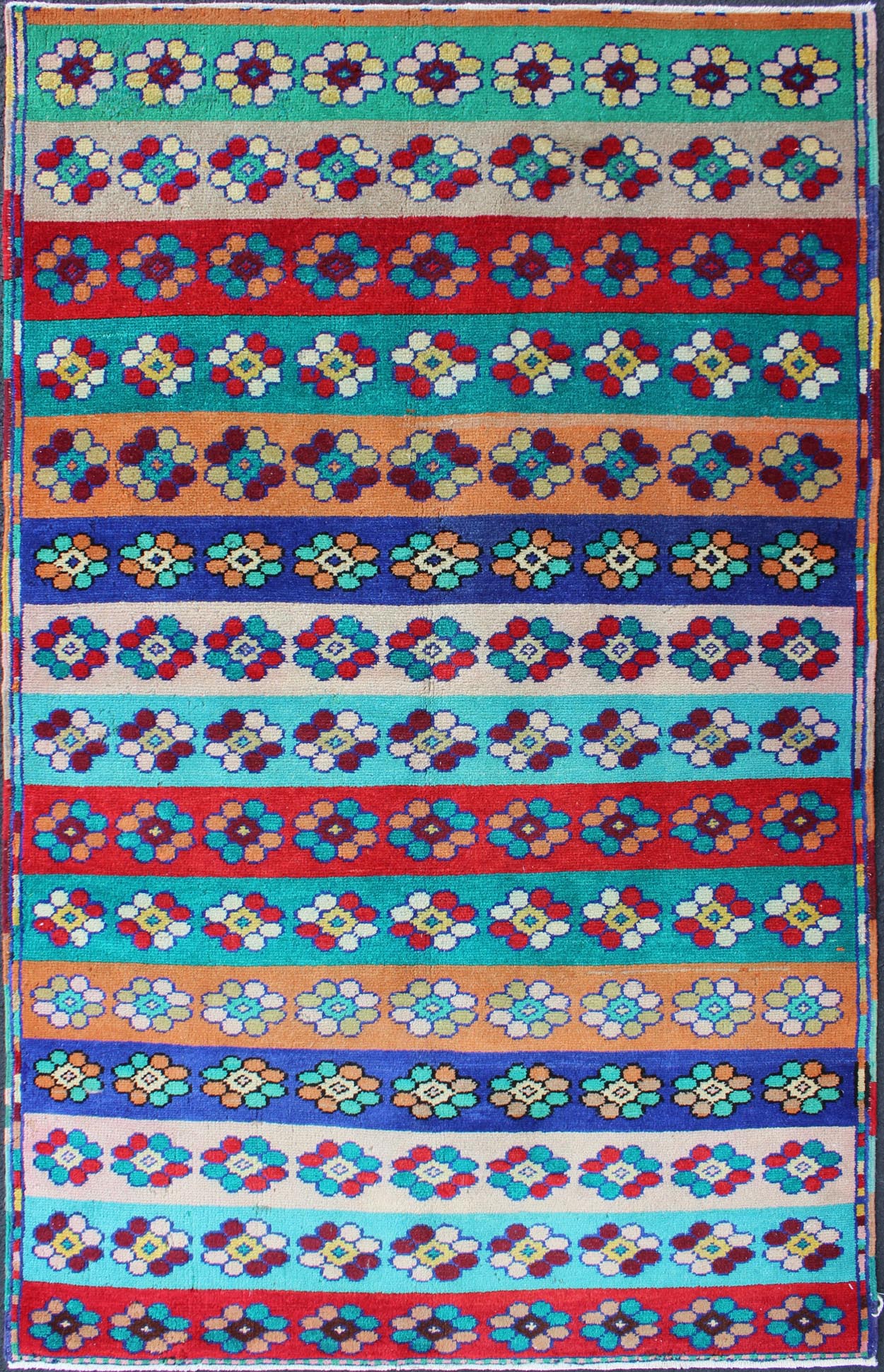 Mid - Century Modern Turkish Carpet with Multicolored Stripes and Flower Designs Mid - Century Modern Multicolored Stripes Turkey rug/tu - mtu - 06 origin/turkey kwarugs This Mid - Century Modern carpet from Turkey features a variety of horizont... - Keivan Woven ArtsTU - MTU - 06 - 5323Rug