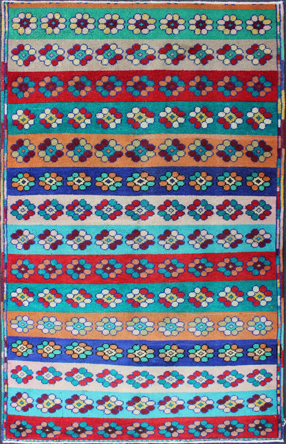 Mid - Century Modern Turkish Carpet with Multicolored Stripes and Flower Designs Mid - Century Modern Multicolored Stripes Turkey rug/tu - mtu - 06 origin/turkey kwarugs This Mid - Century Modern carpet from Turkey features a variety of horizont... - Keivan Woven ArtsTU - MTU - 06 - 5323Rug