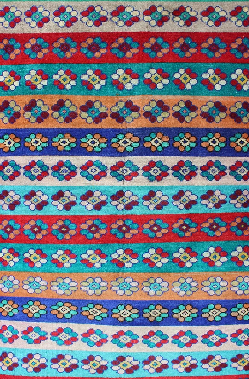Mid - Century Modern Turkish Carpet with Multicolored Stripes and Flower Designs Mid - Century Modern Multicolored Stripes Turkey rug/tu - mtu - 06 origin/turkey kwarugs This Mid - Century Modern carpet from Turkey features a variety of horizont... - Keivan Woven ArtsTU - MTU - 06 - 5323Rug