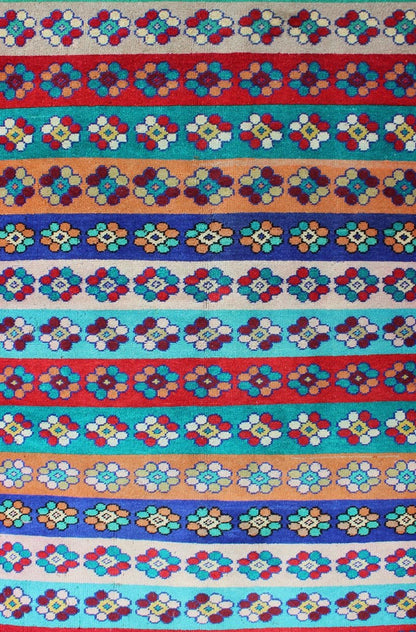 Mid - Century Modern Turkish Carpet with Multicolored Stripes and Flower Designs Mid - Century Modern Multicolored Stripes Turkey rug/tu - mtu - 06 origin/turkey kwarugs This Mid - Century Modern carpet from Turkey features a variety of horizont... - Keivan Woven ArtsTU - MTU - 06 - 5323Rug