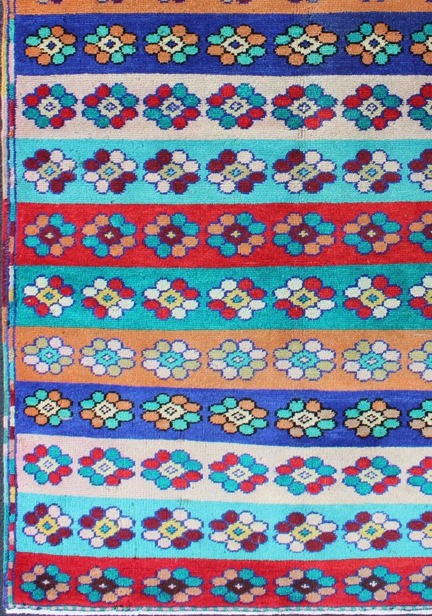 Mid - Century Modern Turkish Carpet with Multicolored Stripes and Flower Designs Mid - Century Modern Multicolored Stripes Turkey rug/tu - mtu - 06 origin/turkey kwarugs This Mid - Century Modern carpet from Turkey features a variety of horizont... - Keivan Woven ArtsTU - MTU - 06 - 5323Rug