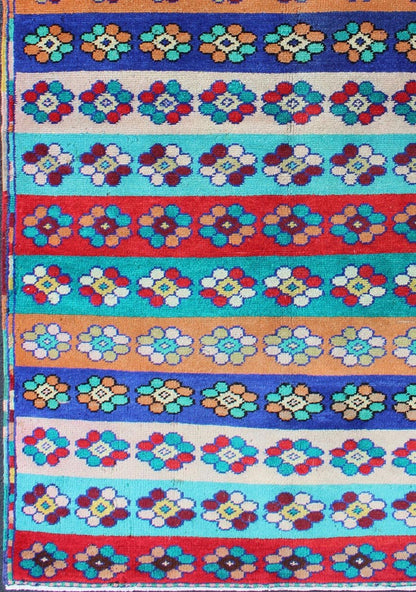 Mid - Century Modern Turkish Carpet with Multicolored Stripes and Flower Designs Mid - Century Modern Multicolored Stripes Turkey rug/tu - mtu - 06 origin/turkey kwarugs This Mid - Century Modern carpet from Turkey features a variety of horizont... - Keivan Woven ArtsTU - MTU - 06 - 5323Rug