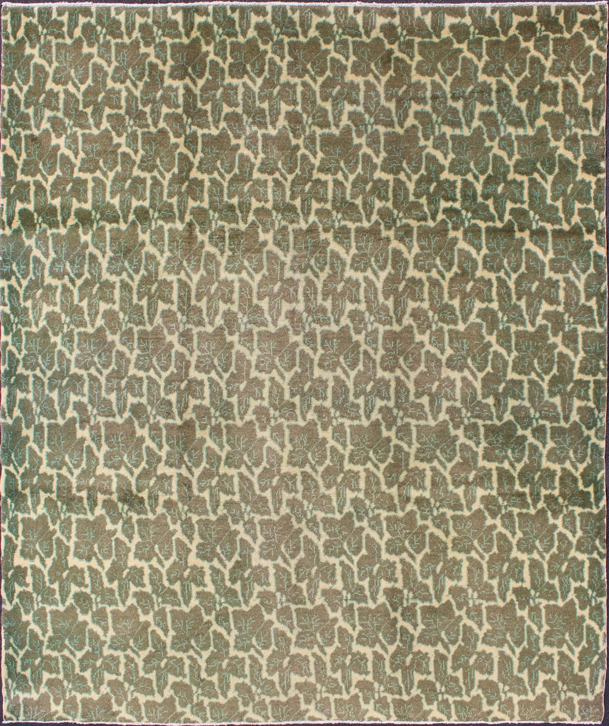 Green Leaf Pattern Vintage Rug with a Modern Design in Squared Shape. Measurements: 7' x 8'8. Rendered in green and yellow tones with a leaf pattern, this Mid - Century patterned rug is unique in both color palette and design, rendering it a great ... - Keivan Woven ArtsTU - MTU - 08 - 5327Rug