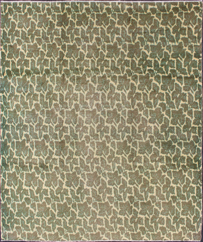 Green Leaf Pattern Vintage Rug with a Modern Design in Squared Shape. Measurements: 7' x 8'8. Rendered in green and yellow tones with a leaf pattern, this Mid - Century patterned rug is unique in both color palette and design, rendering it a great ... - Keivan Woven ArtsTU - MTU - 08 - 5327Rug