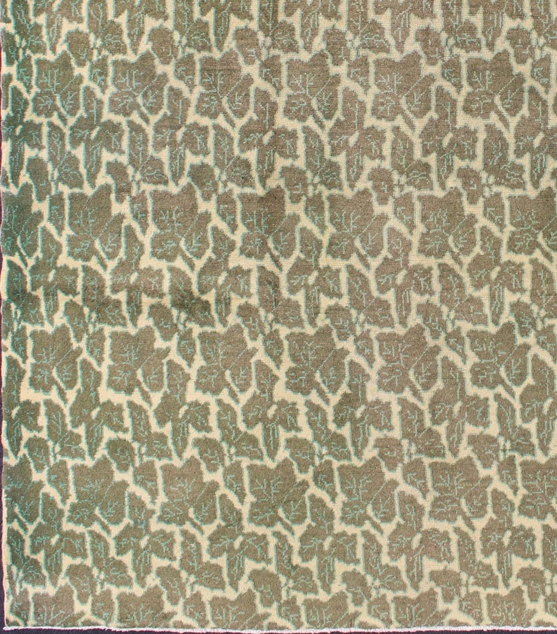 Green Leaf Pattern Vintage Rug with a Modern Design in Squared Shape. Measurements: 7' x 8'8. Rendered in green and yellow tones with a leaf pattern, this Mid - Century patterned rug is unique in both color palette and design, rendering it a great ... - Keivan Woven ArtsTU - MTU - 08 - 5327Rug