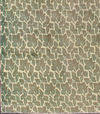 Green Leaf Pattern Vintage Rug with a Modern Design in Squared Shape. Measurements: 7' x 8'8. Rendered in green and yellow tones with a leaf pattern, this Mid - Century patterned rug is unique in both color palette and design, rendering it a great ... - Keivan Woven ArtsTU - MTU - 08 - 5327Rug