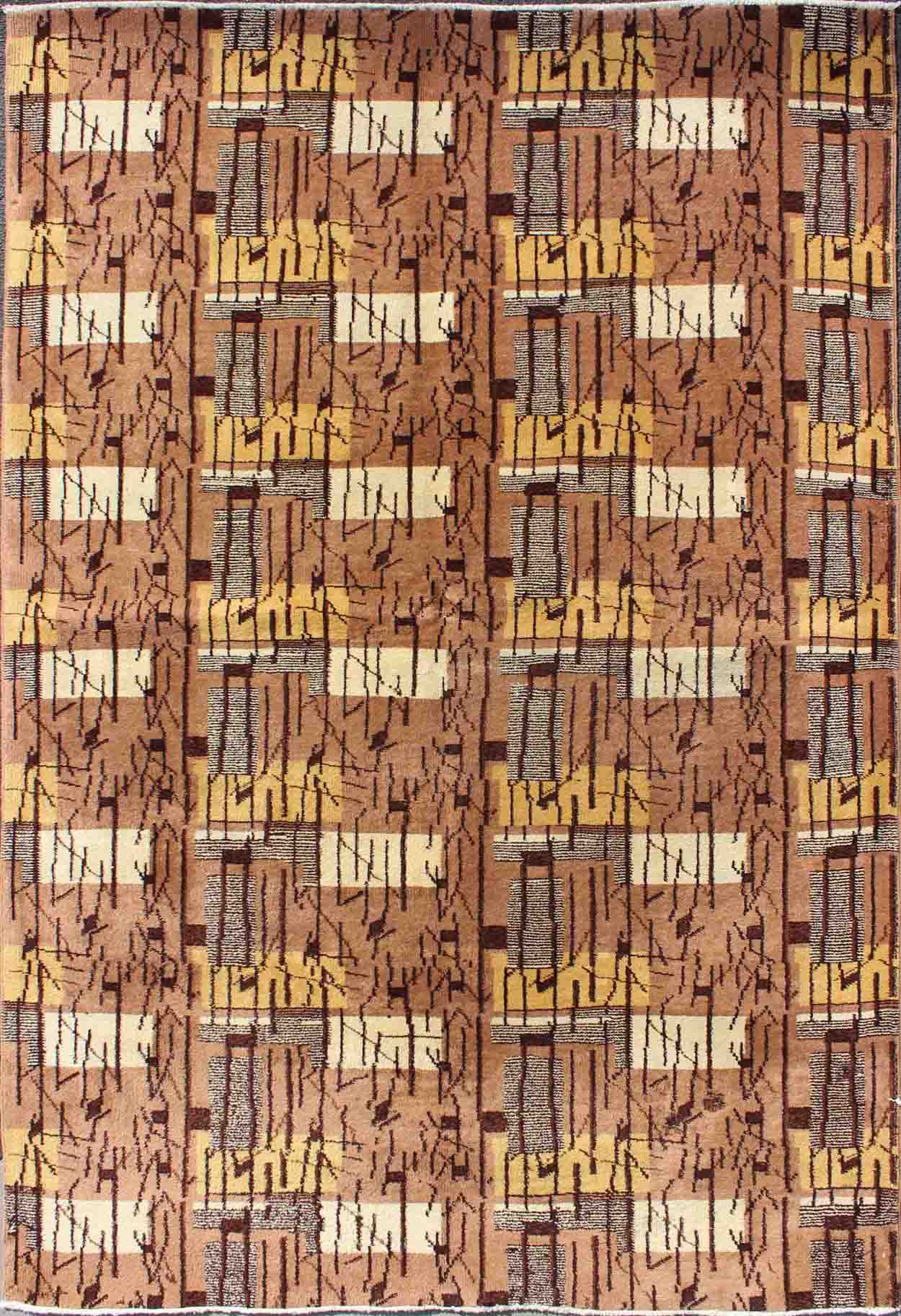 Mid - Century Modern Rug with Jagged Stripes and Blocks Design in Brown and Yellow. Keivan Woven Arts / rug TU - MTU - 09, country of origin / type: Turkey / Oushak, circa mid - 20th century. Measures: 5'2 x 7'11. This rug captures the spirit of the Mid... - Keivan Woven ArtsTU - MTU - 09 - 5331Rug