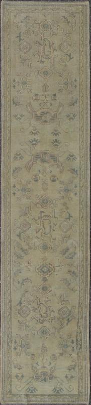 Antique Turkish Oushak Runner with All - Over Design with green and Blue Accents Measures: 2'10 x 12'8. This 1930's antique muted Oushak runner rests beautifully upon a field of elegant cream and taupe. An all - over pattern takes center sta... - Keivan Woven ArtsTU - MTU - 1002 - 8084Rug