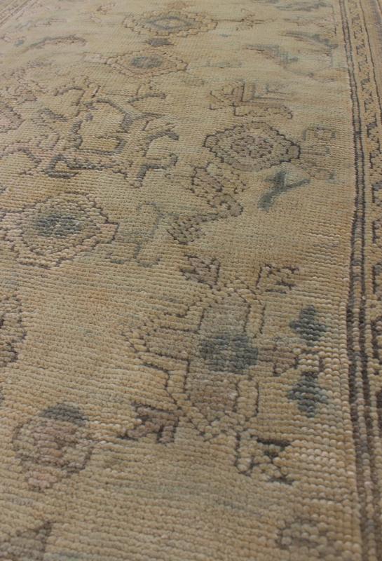 Antique Turkish Oushak Runner with All - Over Design with green and Blue Accents Measures: 2'10 x 12'8. This 1930's antique muted Oushak runner rests beautifully upon a field of elegant cream and taupe. An all - over pattern takes center sta... - Keivan Woven ArtsTU - MTU - 1002 - 8084Rug