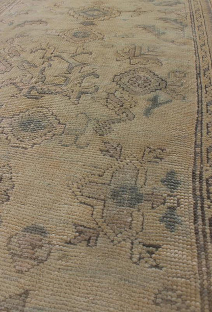 Antique Turkish Oushak Runner with All - Over Design with green and Blue Accents Measures: 2'10 x 12'8. This 1930's antique muted Oushak runner rests beautifully upon a field of elegant cream and taupe. An all - over pattern takes center sta... - Keivan Woven ArtsTU - MTU - 1002 - 8084Rug