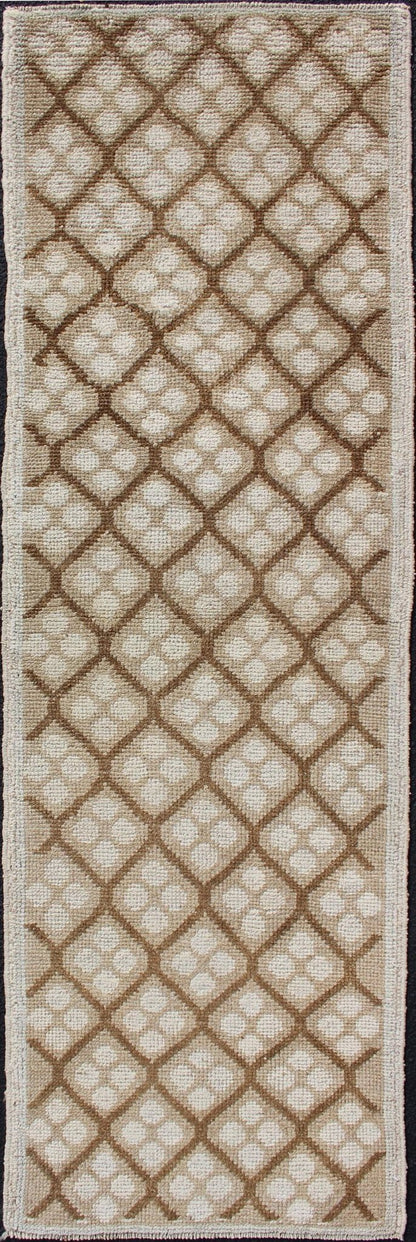 Tribal Vintage Hand Knotted Oushak Runner with All - Over Diamond Design Measures: 2'1 x 6'7. This lovely Vintage Oushak Runner features an all - over diamond design rendered in hues of cream and accentuated in shades of brown. This rug is finely... - Keivan Woven ArtsTU - MTU - 103 - 11066