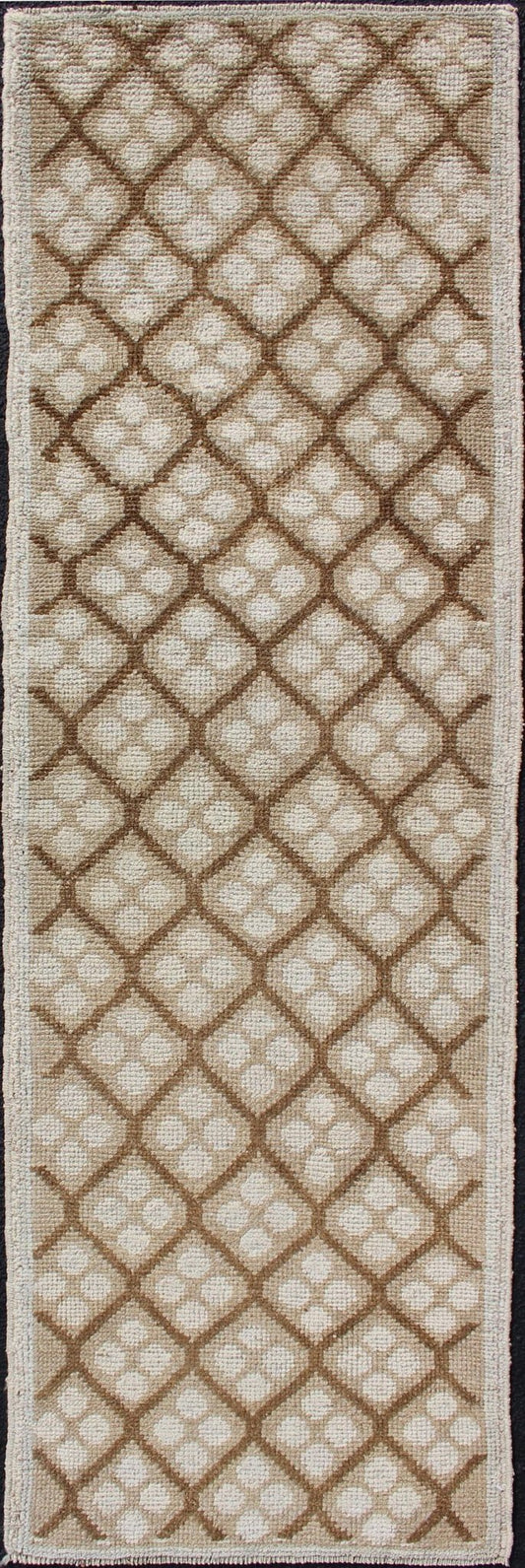 Tribal Vintage Hand Knotted Oushak Runner with All - Over Diamond Design Measures: 2'1 x 6'7. This lovely Vintage Oushak Runner features an all - over diamond design rendered in hues of cream and accentuated in shades of brown. This rug is finely... - Keivan Woven ArtsTU - MTU - 103 - 11066
