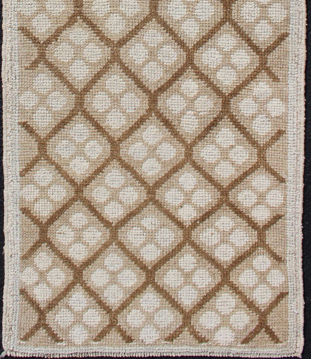 Tribal Vintage Hand Knotted Oushak Runner with All - Over Diamond Design Measures: 2'1 x 6'7. This lovely Vintage Oushak Runner features an all - over diamond design rendered in hues of cream and accentuated in shades of brown. This rug is finely... - Keivan Woven ArtsTU - MTU - 103 - 11066
