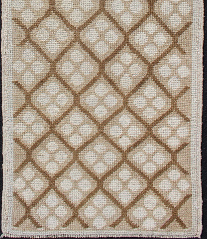 Tribal Vintage Hand Knotted Oushak Runner with All - Over Diamond Design Measures: 2'1 x 6'7. This lovely Vintage Oushak Runner features an all - over diamond design rendered in hues of cream and accentuated in shades of brown. This rug is finely... - Keivan Woven ArtsTU - MTU - 103 - 11066