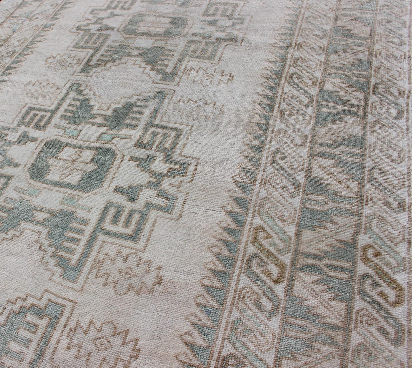 Vintage Turkish Oushak Rug with Central Medallions in Taupe and Light Green Vintage Oushak rug with central medallions light green, Keivan Woven Arts / Rug TU - MTU - 106, country of origin / type: Turkey / Oushak, circa mid - 20th century. Thi... - Keivan Woven ArtsTU - MTU - 106 - 11070Rug