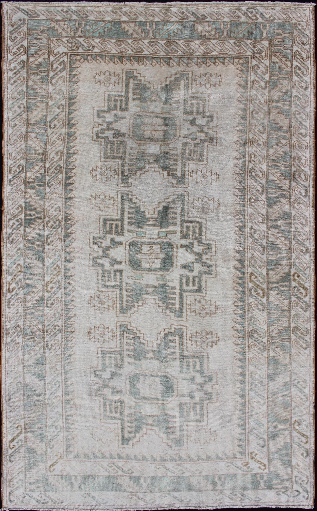 Vintage Turkish Oushak Rug with Central Medallions in Taupe and Light Green Vintage Oushak rug with central medallions light green, Keivan Woven Arts / Rug TU - MTU - 106, country of origin / type: Turkey / Oushak, circa mid - 20th century. Thi... - Keivan Woven ArtsTU - MTU - 106 - 11070Rug