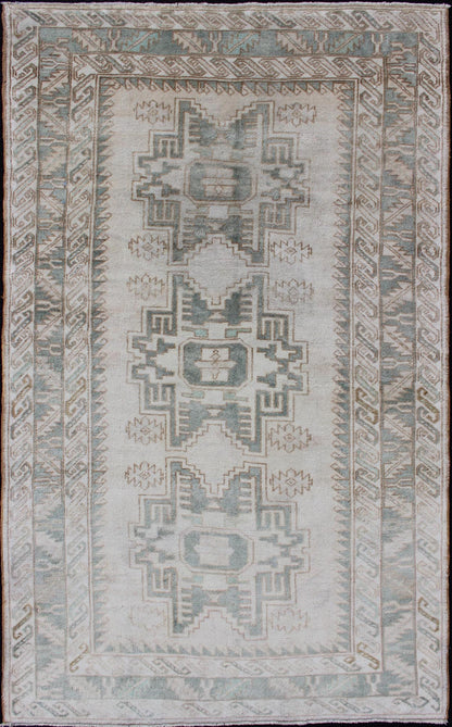 Vintage Turkish Oushak Rug with Central Medallions in Taupe and Light Green Vintage Oushak rug with central medallions light green, Keivan Woven Arts / Rug TU - MTU - 106, country of origin / type: Turkey / Oushak, circa mid - 20th century. Thi... - Keivan Woven ArtsTU - MTU - 106 - 11070Rug