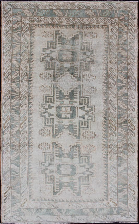 Vintage Turkish Oushak Rug with Central Medallions in Taupe and Light Green Vintage Oushak rug with central medallions light green, Keivan Woven Arts / Rug TU - MTU - 106, country of origin / type: Turkey / Oushak, circa mid - 20th century. Thi... - Keivan Woven ArtsTU - MTU - 106 - 11070Rug