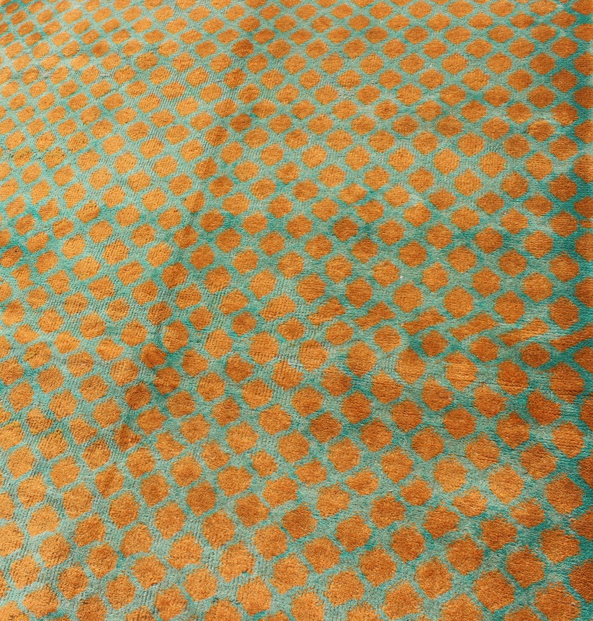 Mid - Century Modern Rug with All - Over Diamond Design in Orange and Teal, rug mtu - 11, country of origin / type: Turkey / Mid - Century Modern, circa mid - 20th century. Set on an orange field with an all - over modern/Mid - Century Modern pattern, this be... - Keivan Woven ArtsTU - MTU - 11 - 5341Rug