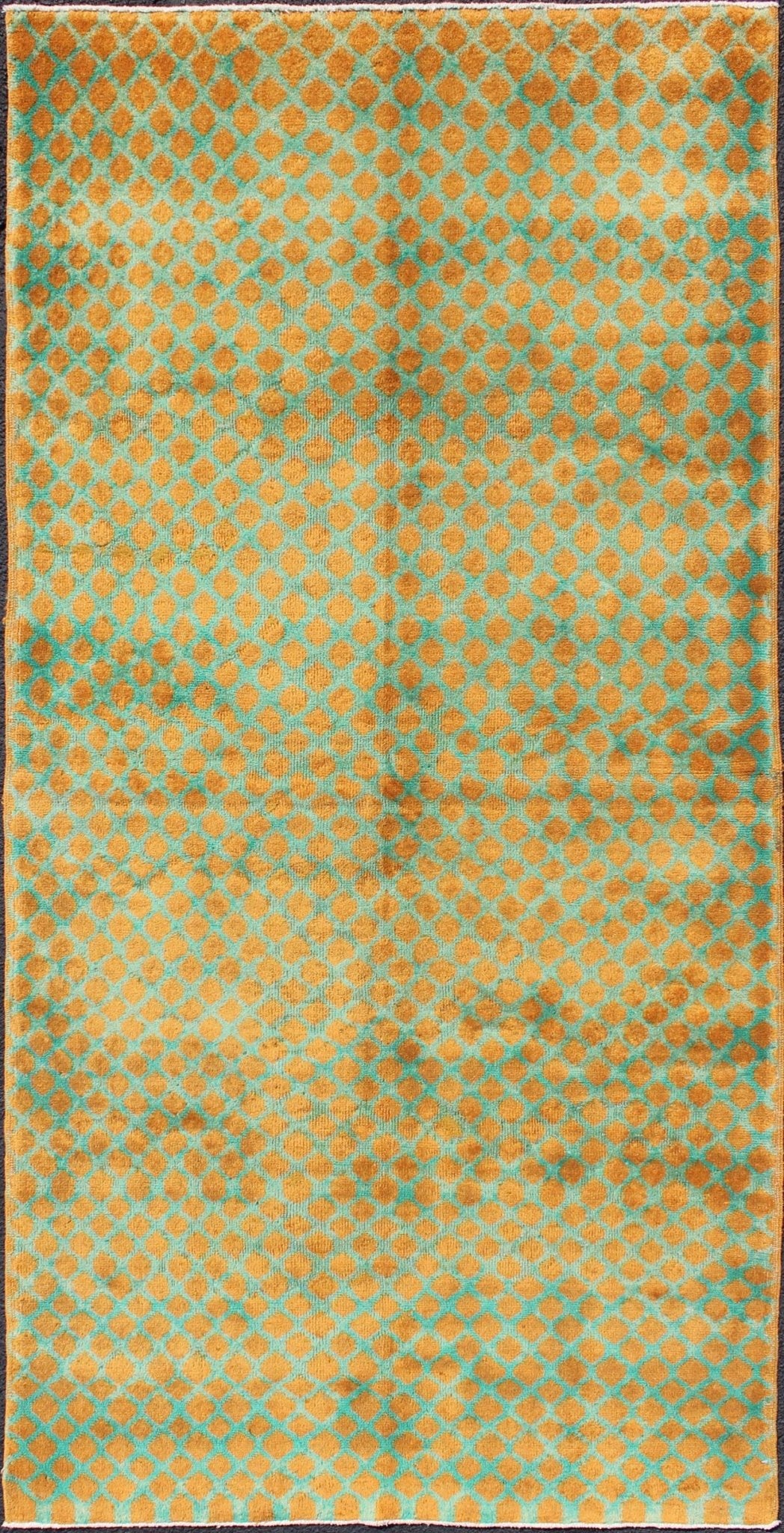 Mid - Century Modern Rug with All - Over Diamond Design in Orange and Teal, rug mtu - 11, country of origin / type: Turkey / Mid - Century Modern, circa mid - 20th century. Set on an orange field with an all - over modern/Mid - Century Modern pattern, this be... - Keivan Woven ArtsTU - MTU - 11 - 5341Rug