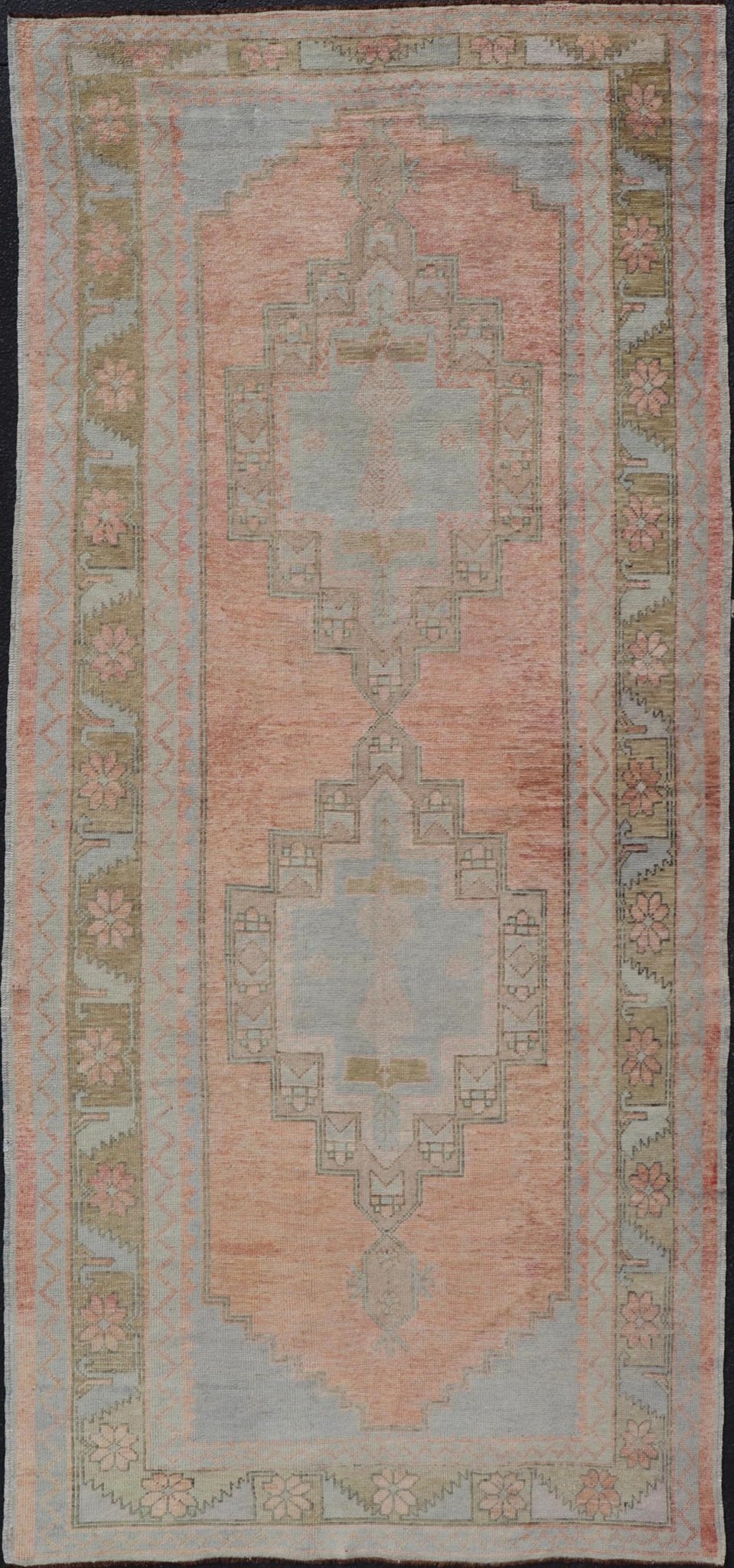 Vintage Turkish Oushak Gallery with Tribal Medallions in Soft Peach and Green Measures: 4'7 x 11'2 This vintage Turkish Oushak features large tribal medallions in light blue and tan. The medallions are decorated in tribal motifs and a p... - Keivan Woven ArtsTU - MTU - 117 - 18740Rug