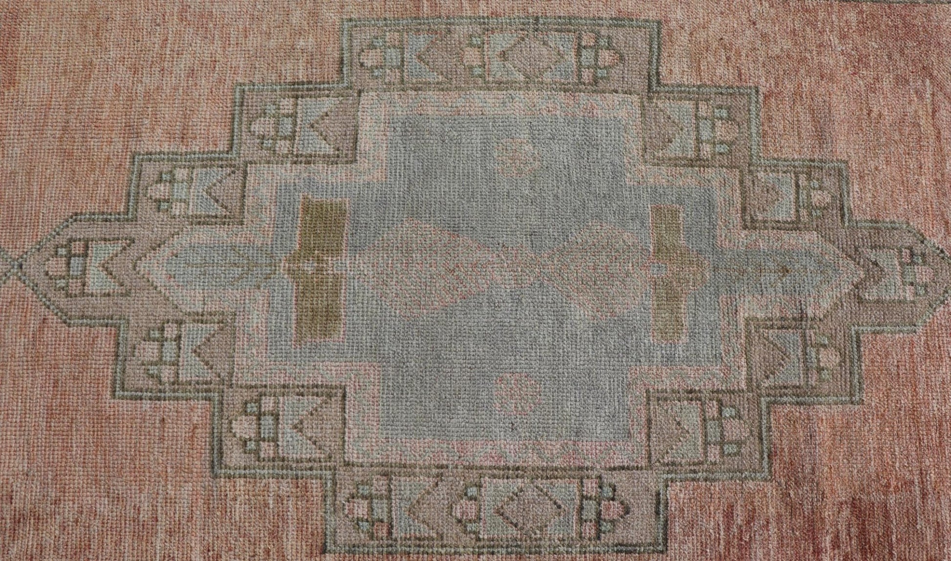 Vintage Turkish Oushak Gallery with Tribal Medallions in Soft Peach and Green Measures: 4'7 x 11'2 This vintage Turkish Oushak features large tribal medallions in light blue and tan. The medallions are decorated in tribal motifs and a p... - Keivan Woven ArtsTU - MTU - 117 - 18740Rug