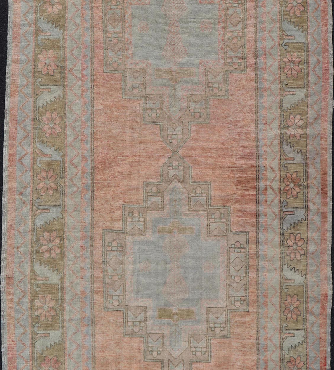 Vintage Turkish Oushak Gallery with Tribal Medallions in Soft Peach and Green Measures: 4'7 x 11'2 This vintage Turkish Oushak features large tribal medallions in light blue and tan. The medallions are decorated in tribal motifs and a p... - Keivan Woven ArtsTU - MTU - 117 - 18740Rug