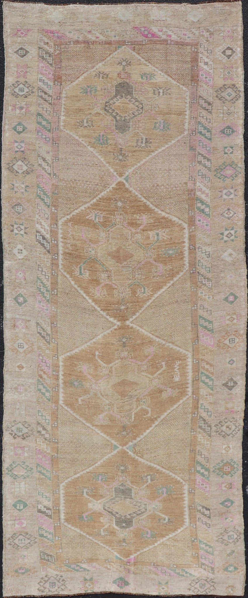 Unique & Colorful Turkish Kars Runner with Tribal Designs and Geometric Motifs Vintage Turkish runner in Brown background, accent colors, tan, green, light blue, taupe, Keivan Woven Arts / rug/TU - MTU - 121, country of origin / type: Turkey / Ousha... - Keivan Woven ArtsTU - MTU - 121 - 18938Rug