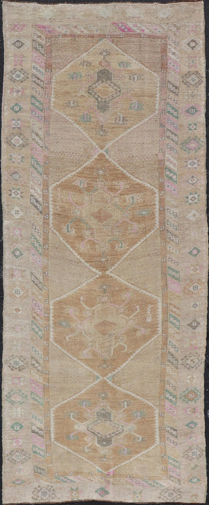 Unique & Colorful Turkish Kars Runner with Tribal Designs and Geometric Motifs Vintage Turkish runner in Brown background, accent colors, tan, green, light blue, taupe, Keivan Woven Arts / rug/TU - MTU - 121, country of origin / type: Turkey / Ousha... - Keivan Woven ArtsTU - MTU - 121 - 18938Rug