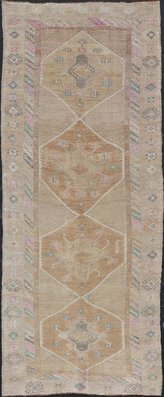 Unique & Colorful Turkish Kars Runner with Tribal Designs and Geometric Motifs Vintage Turkish runner in Brown background, accent colors, tan, green, light blue, taupe, Keivan Woven Arts / rug/TU - MTU - 121, country of origin / type: Turkey / Ousha... - Keivan Woven ArtsTU - MTU - 121 - 18938Rug