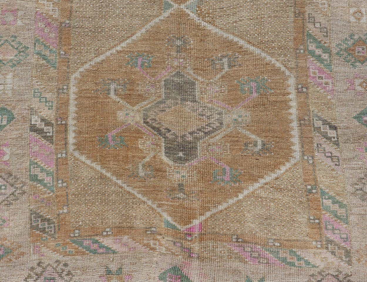 Unique & Colorful Turkish Kars Runner with Tribal Designs and Geometric Motifs Vintage Turkish runner in Brown background, accent colors, tan, green, light blue, taupe, Keivan Woven Arts / rug/TU - MTU - 121, country of origin / type: Turkey / Ousha... - Keivan Woven ArtsTU - MTU - 121 - 18938Rug