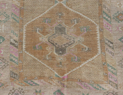 Unique & Colorful Turkish Kars Runner with Tribal Designs and Geometric Motifs Vintage Turkish runner in Brown background, accent colors, tan, green, light blue, taupe, Keivan Woven Arts / rug/TU - MTU - 121, country of origin / type: Turkey / Ousha... - Keivan Woven ArtsTU - MTU - 121 - 18938Rug