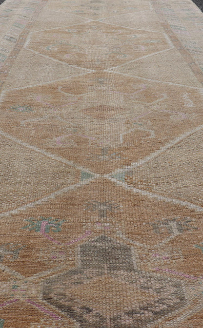 Unique & Colorful Turkish Kars Runner with Tribal Designs and Geometric Motifs Vintage Turkish runner in Brown background, accent colors, tan, green, light blue, taupe, Keivan Woven Arts / rug/TU - MTU - 121, country of origin / type: Turkey / Ousha... - Keivan Woven ArtsTU - MTU - 121 - 18938Rug