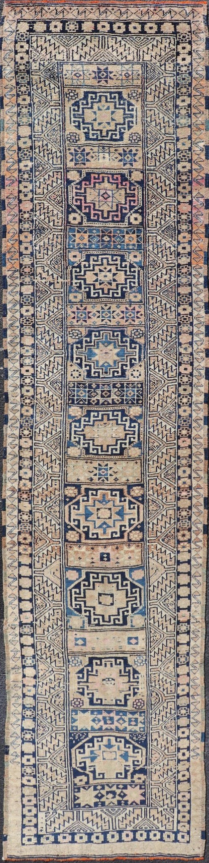 Vintage Oushak Turkish Runner with Geometric Design in Blues, Taupe, and Cream Vintage Oushak runner from Turkey with Medallion design in various blue, pink, and tan tones, Keivan Woven Arts / rug TU - MTU - 131, country of origin / type: Turkey / O... - Keivan Woven ArtsTU - MTU - 131 - 18746Rug